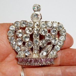 Vintage 50's large Royal Crown Brooch Pendant, Ice & Purple Pink Rhinestones